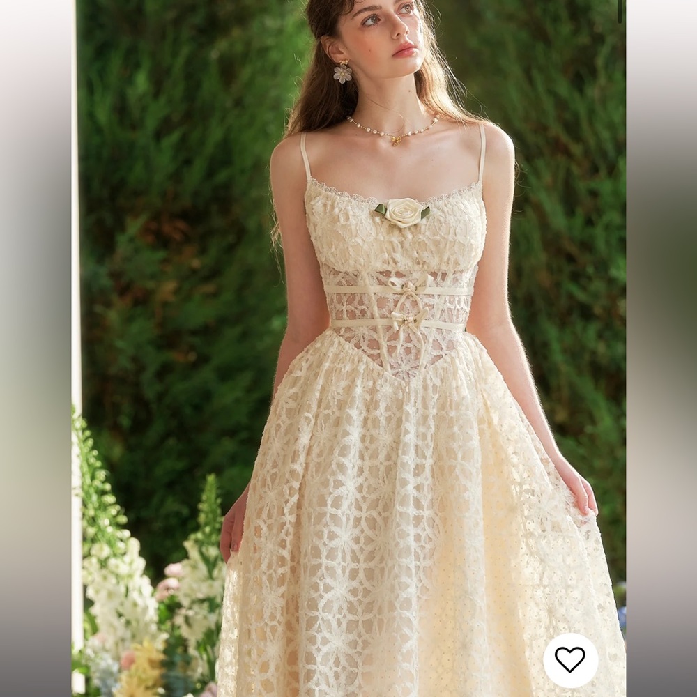 Elegant Ivory Lace A-Line Dress with Floral Accent